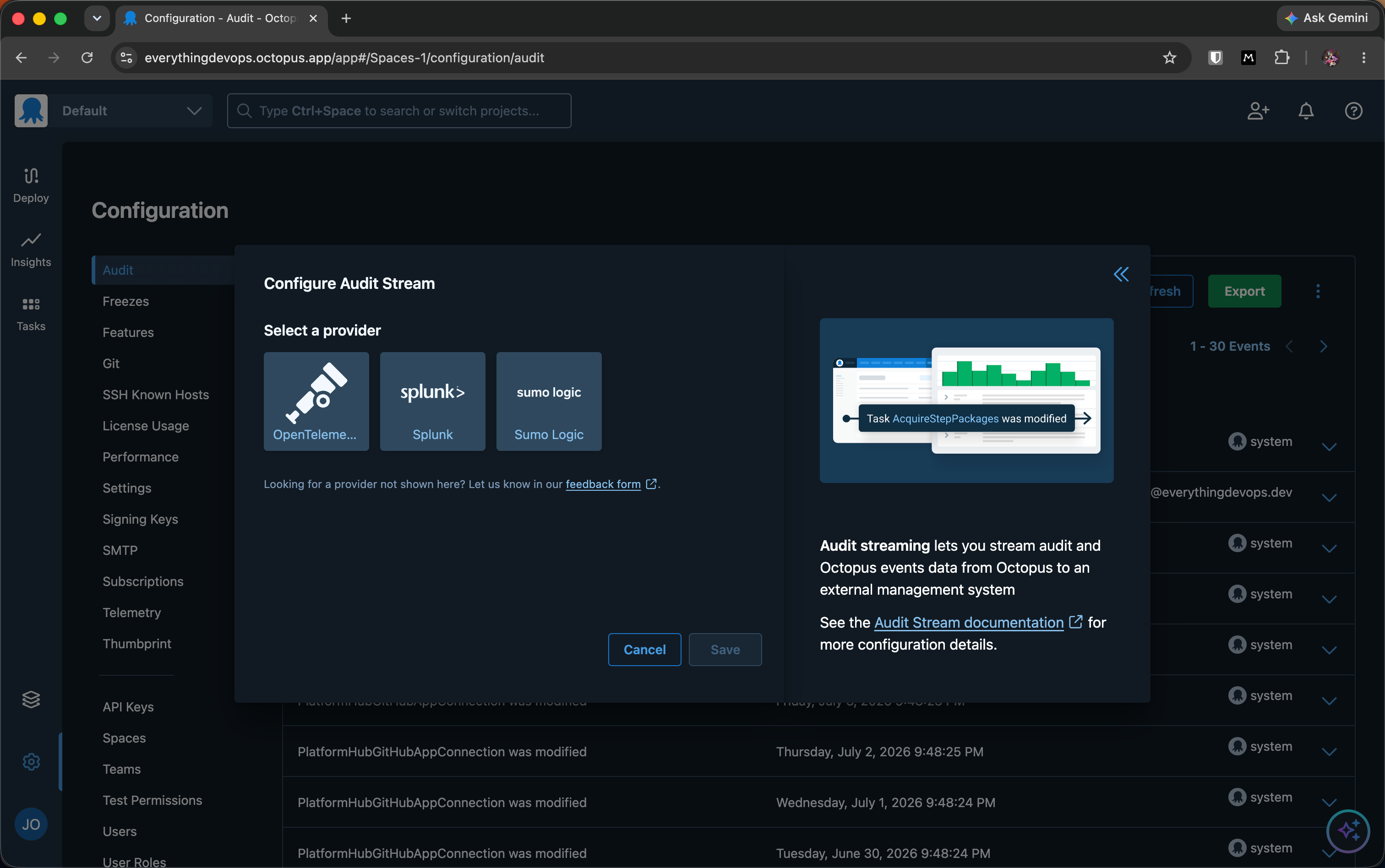 Octopus audit stream providers