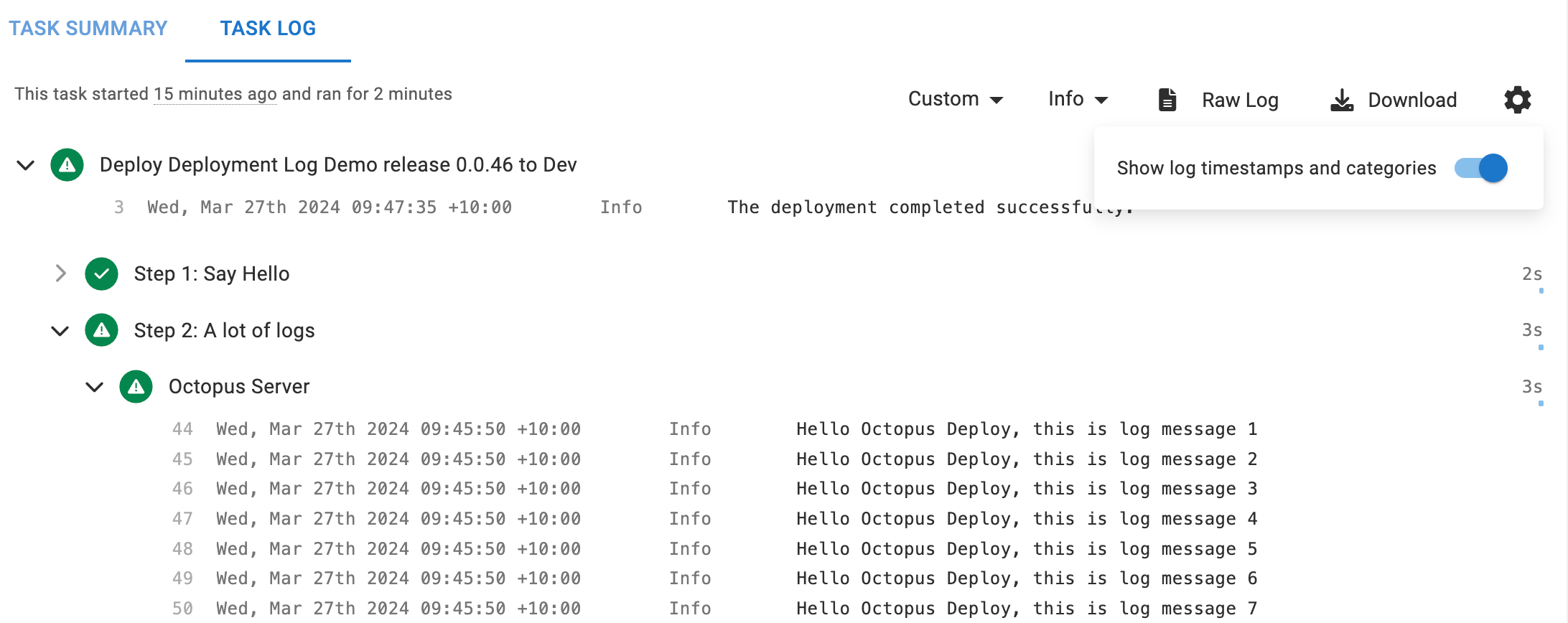 Show log timestamps and categories