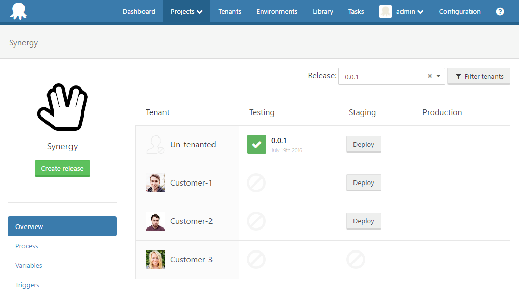 Tenant dashboard in Octopus Deploy UI showing version 0.0.1 deployed to Testing