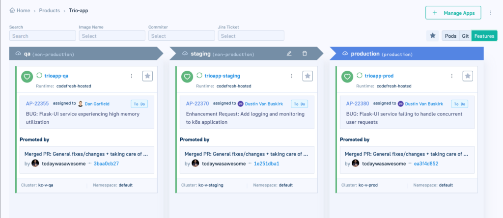 Codefresh environment dashboard with JIRA