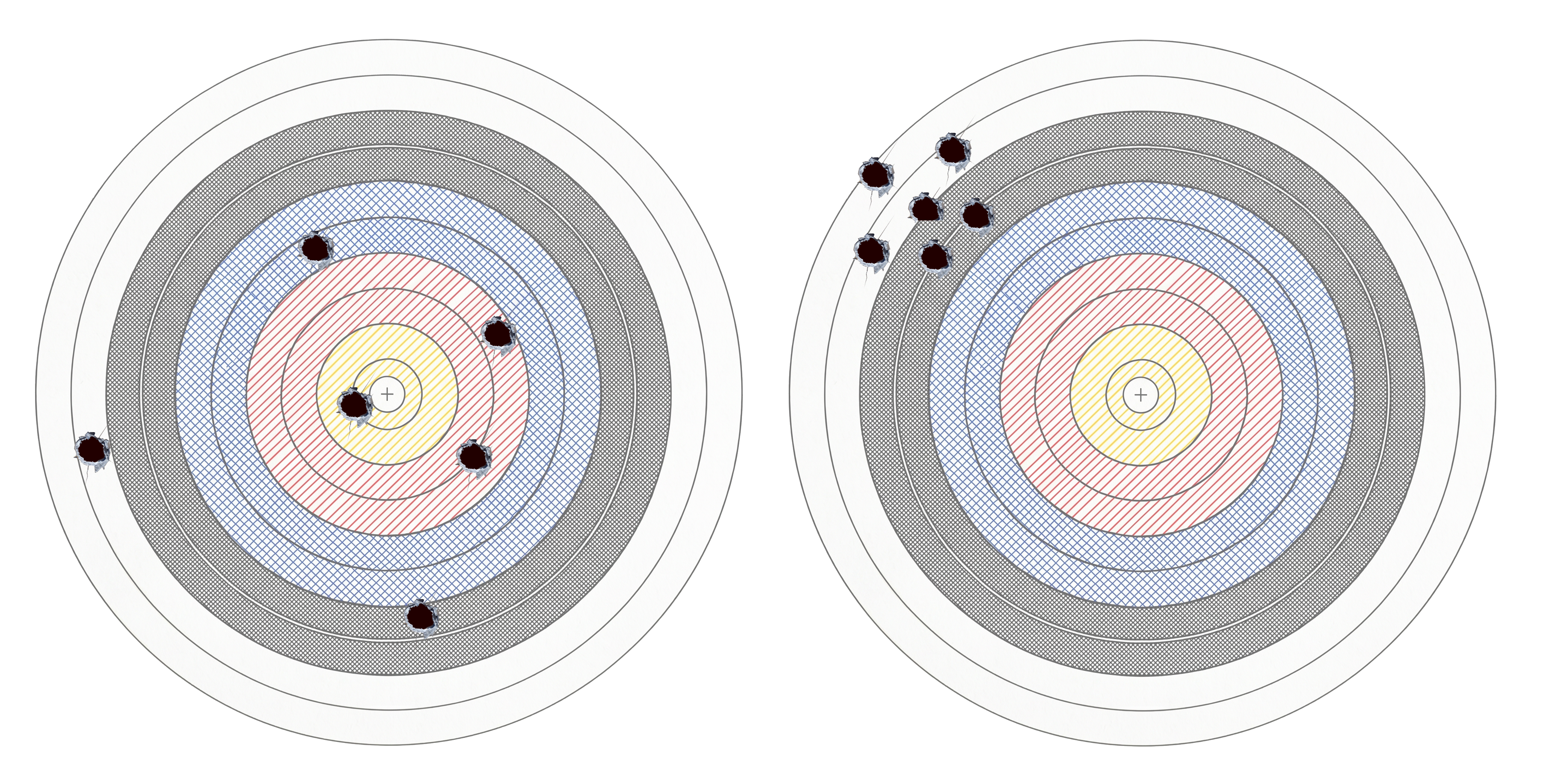 Two targets, one with holes scattered across the surface and one with a tight grouping of holes in the top left
