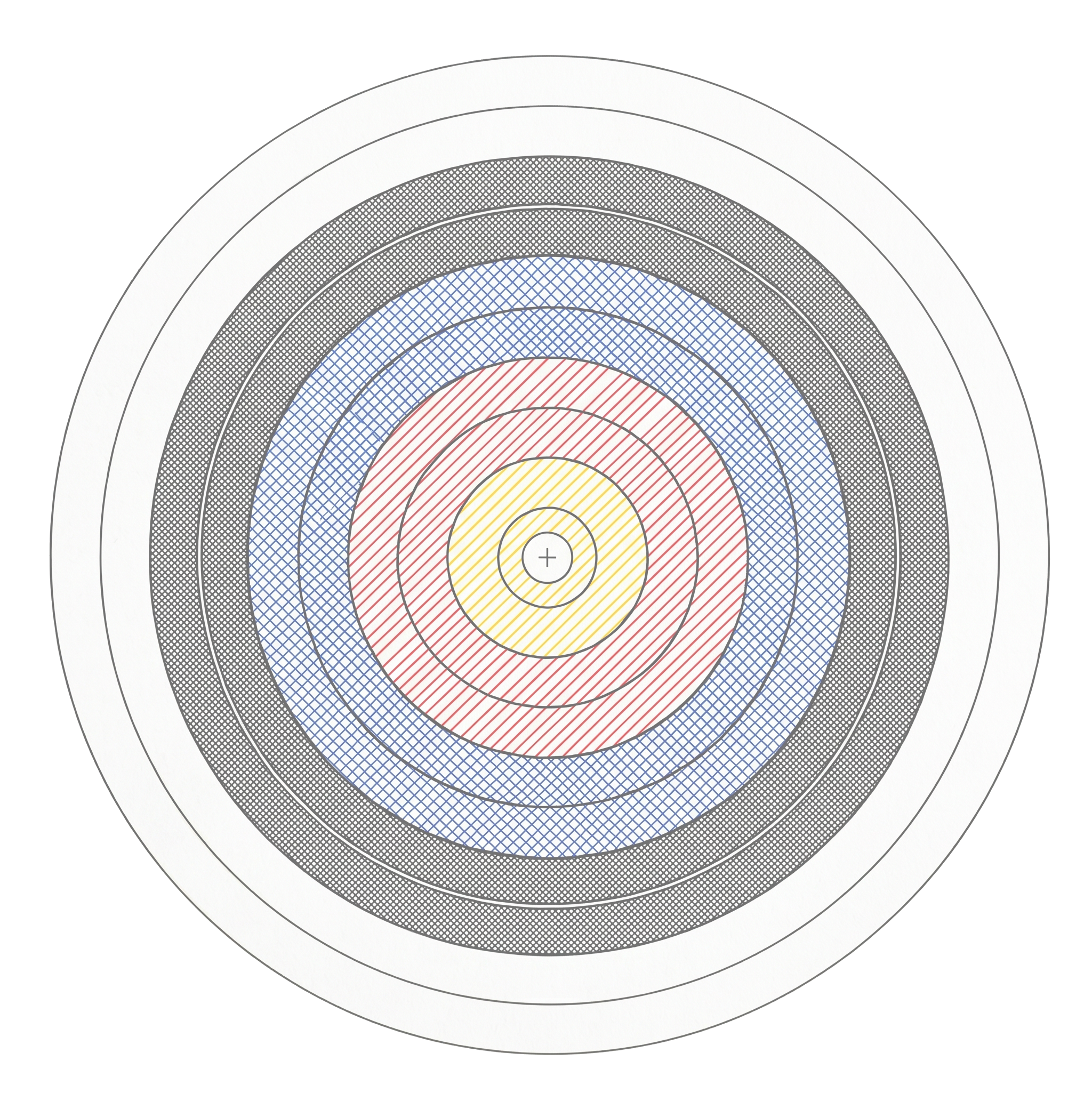 An archery target with concentric circles of white, black, blue, red, and a golden bullseye in the center.