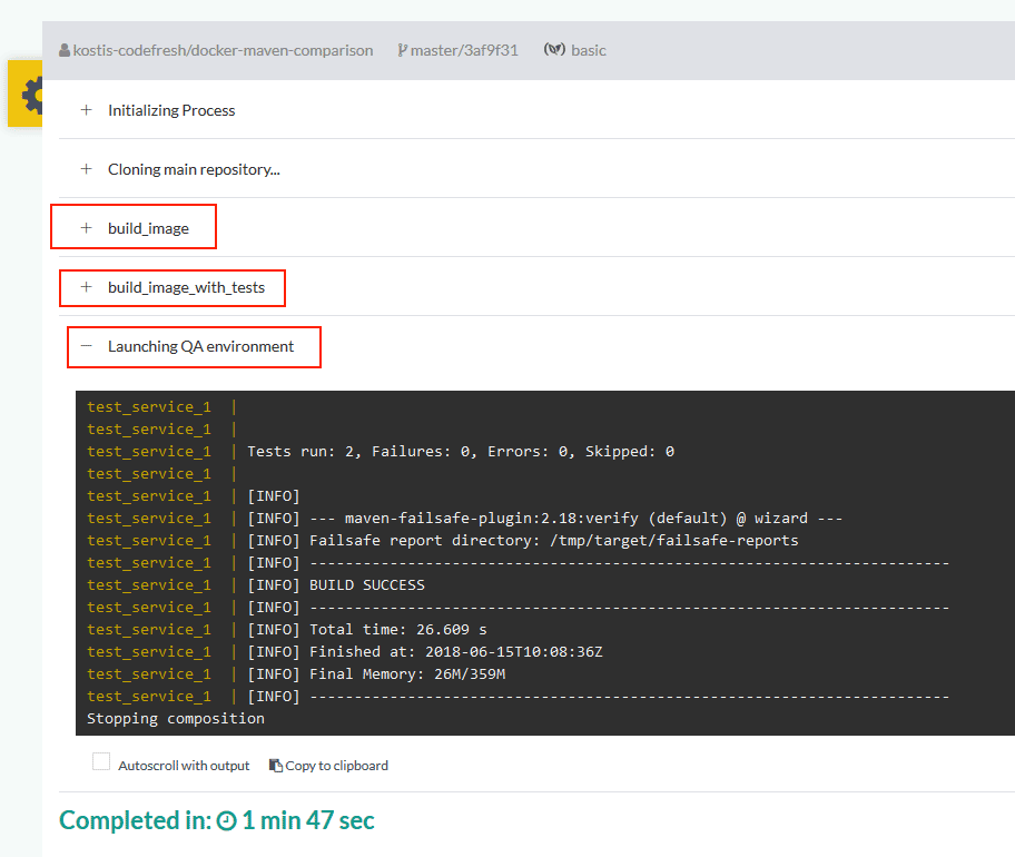 Codefresh integration tests results