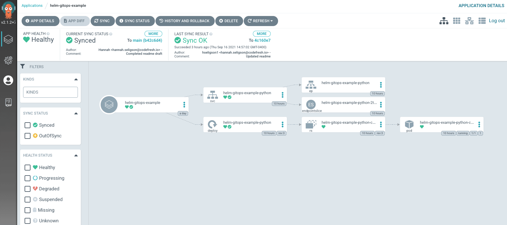 Healthy application in the Argo CD UI