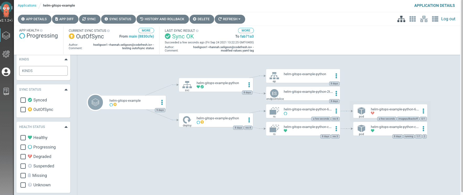 OutOfSync application in the Argo CD UI
