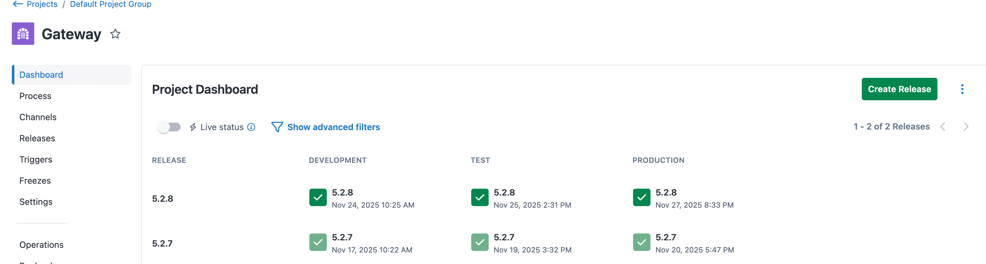 A screenshot of Octopus Deploy, showing the deployment history