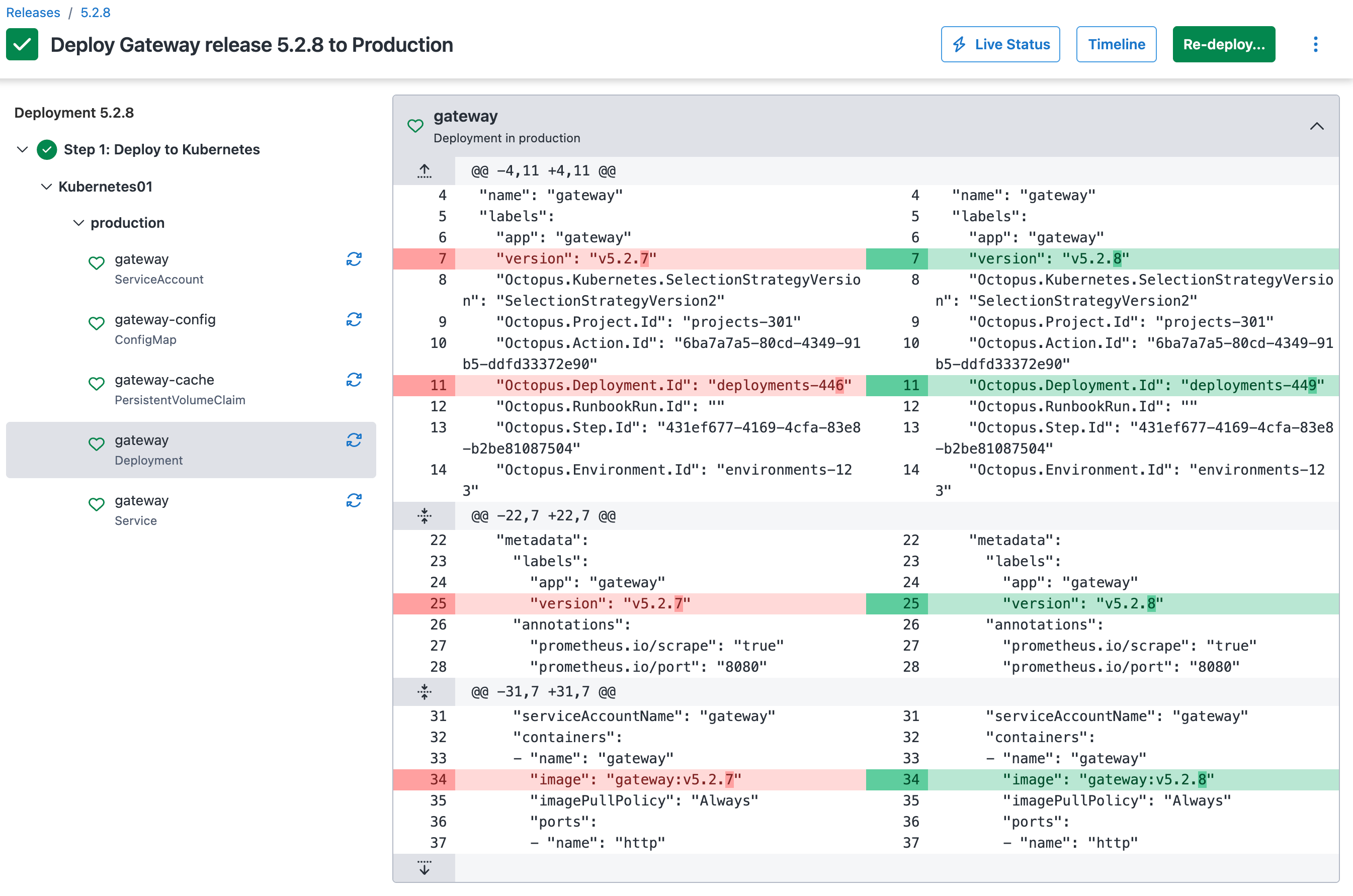 Diff view, showing only changes to the image for the deployment