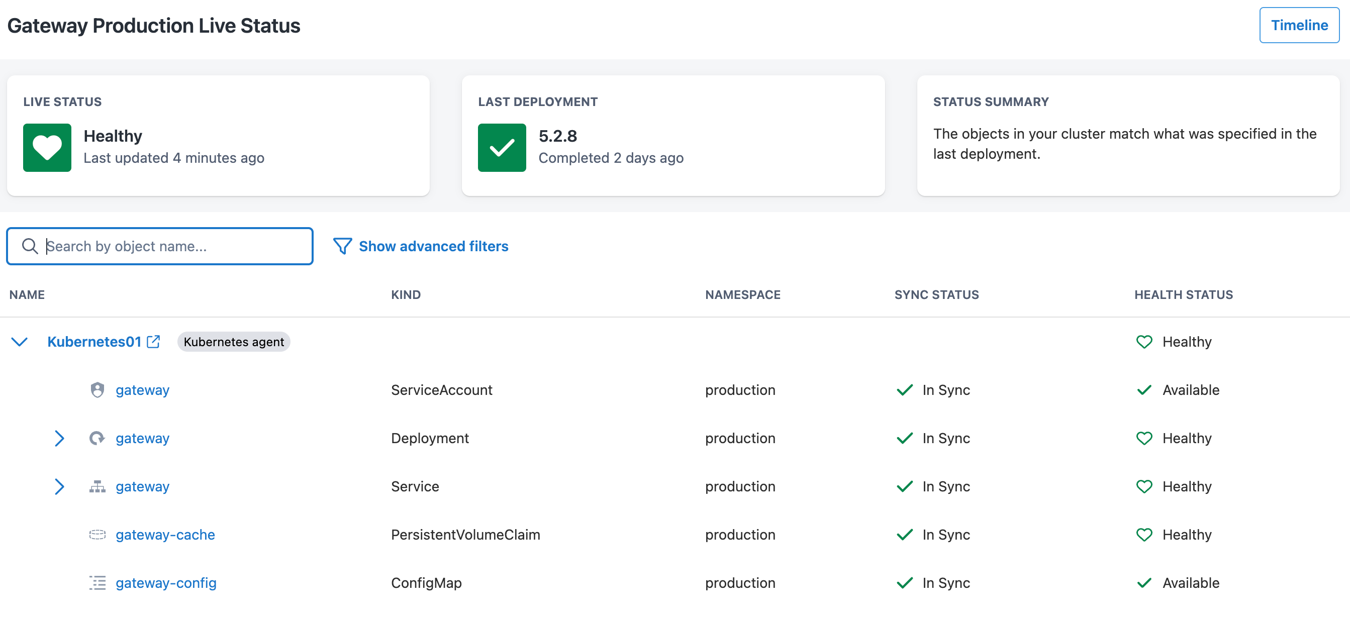 Live status view, showing in-sync resources