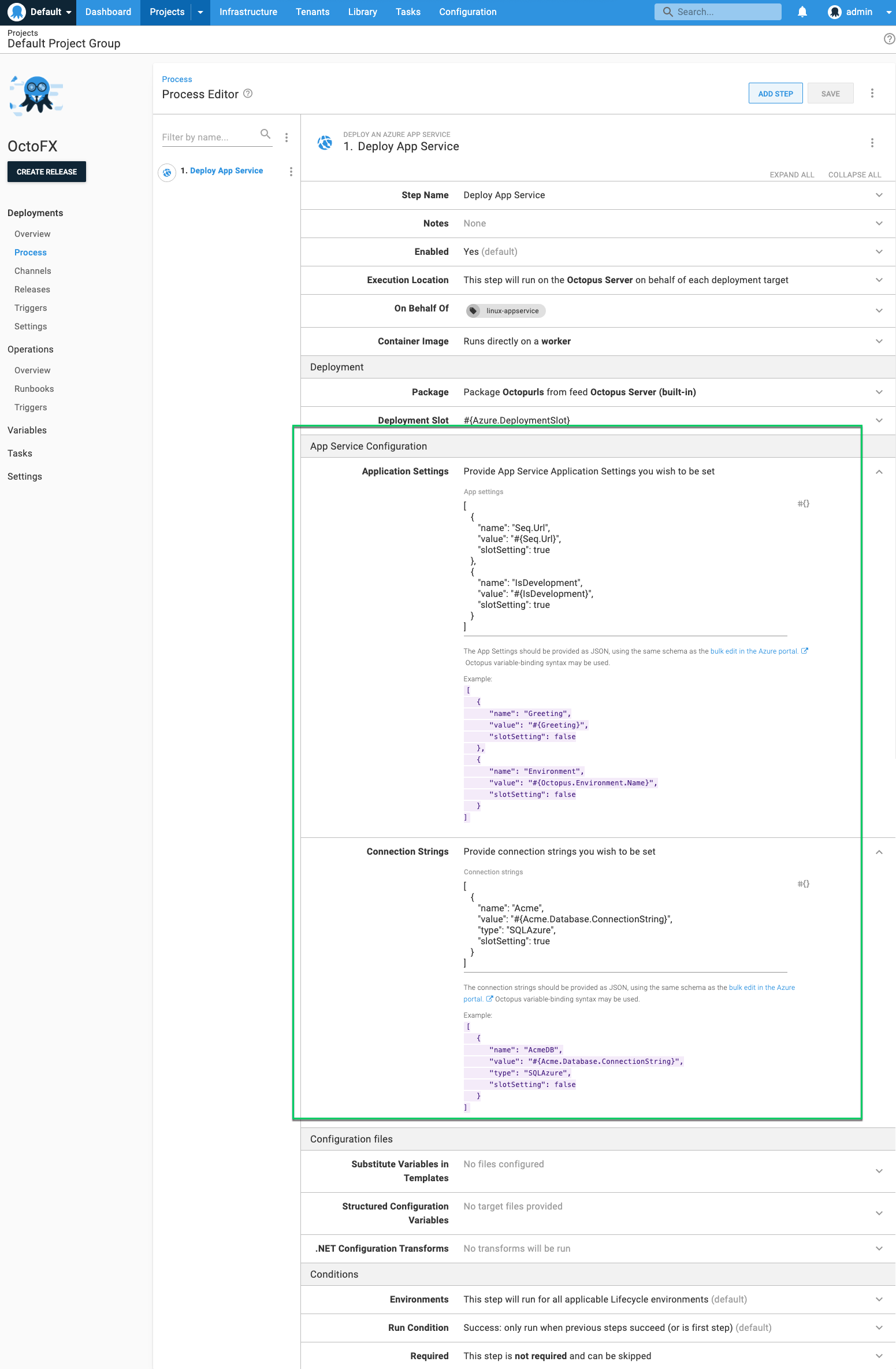 Configuring app settings and connection strings