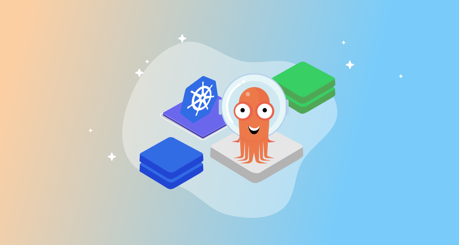Kubernetes sites between a set of blue boxes and a set of green boxes. The Kubernetes Logo is like a ship's wheel and Argo the Octopus is there to steer.