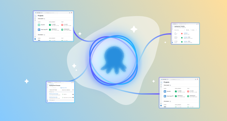 A blue octopus logo centered in a glowing circle, surrounded by four floating window panels that appear to be application interfaces, set against a soft gradient blue-yellow background.