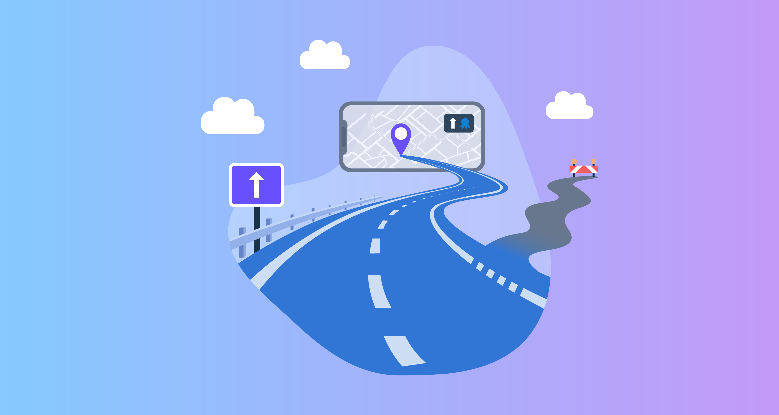 A stylized illustration of a road diverging into a clear main path and a blocked detour, with a GPS navigation app displayed on a smartphone above.