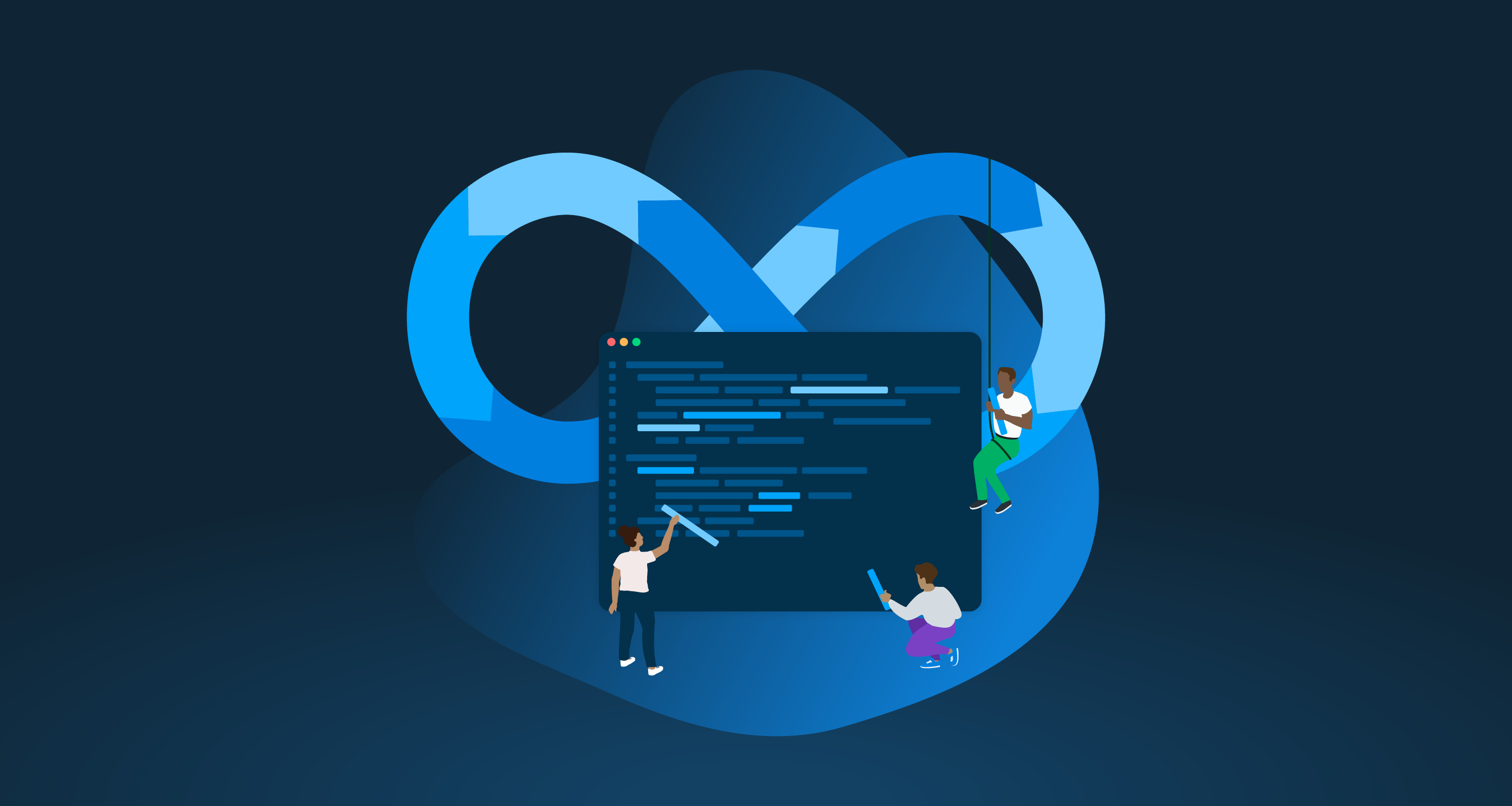 Three illustrated figures collaborate around a large code editor window, set against a dark blue background with a DevOps infinity loop symbol.