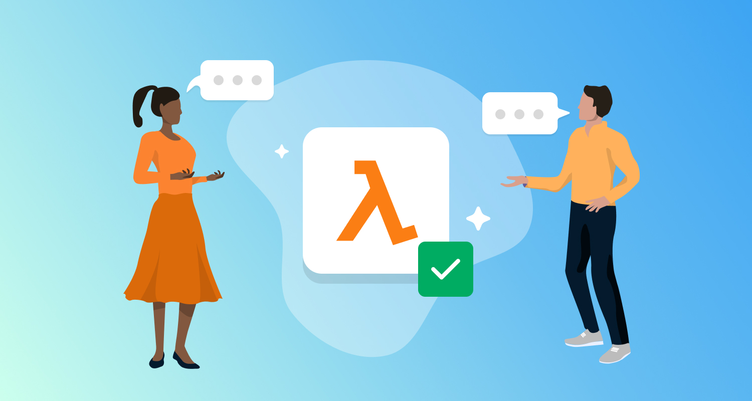 Two people are discussing in front of a lambda symbol with speech bubbles and a green check mark.