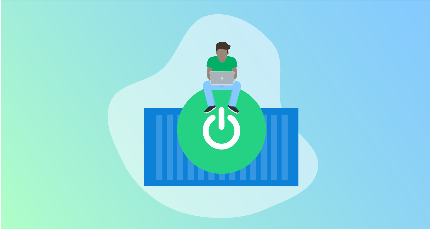 Man sitting on top of  container with green circle with a power up icon