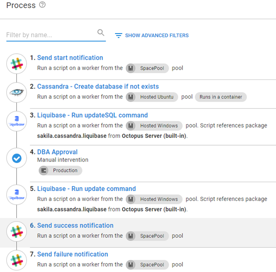 Deployment process steps for Cassandra in the Octopus UI