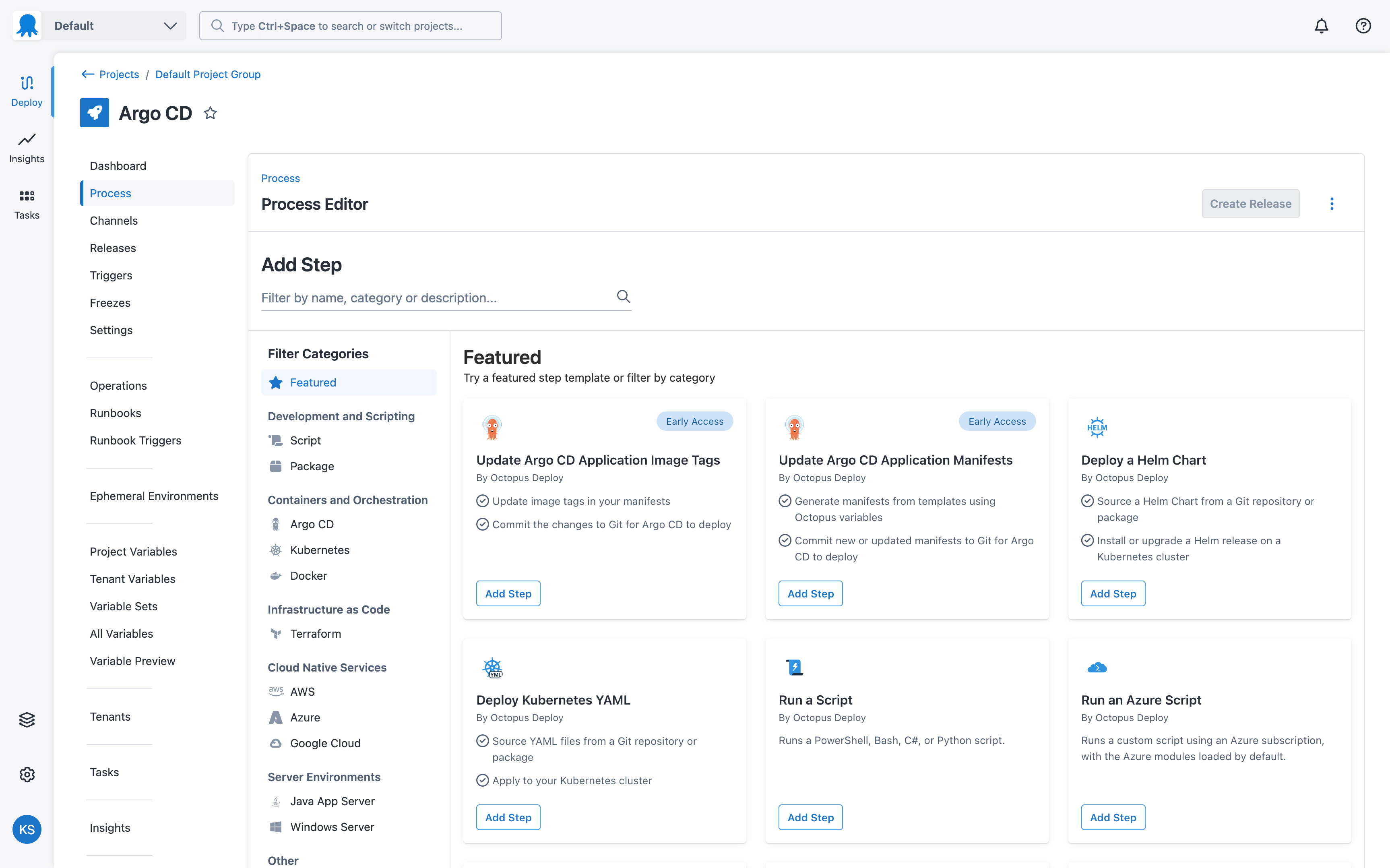 The user interface for the step selection page in Octopus Deploy with Argo CD steps.