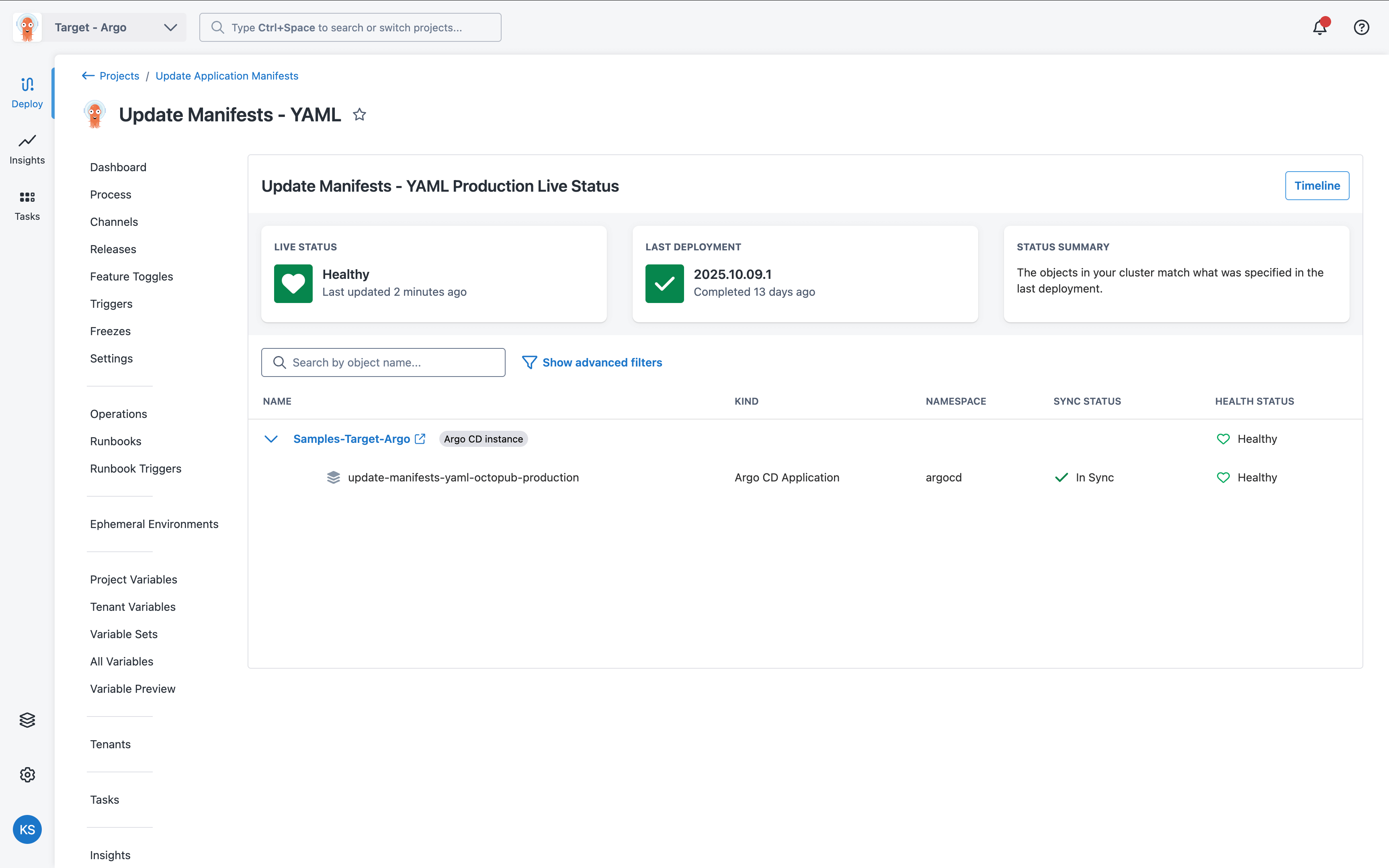 Argo CD application live status in Octopus Deploy.