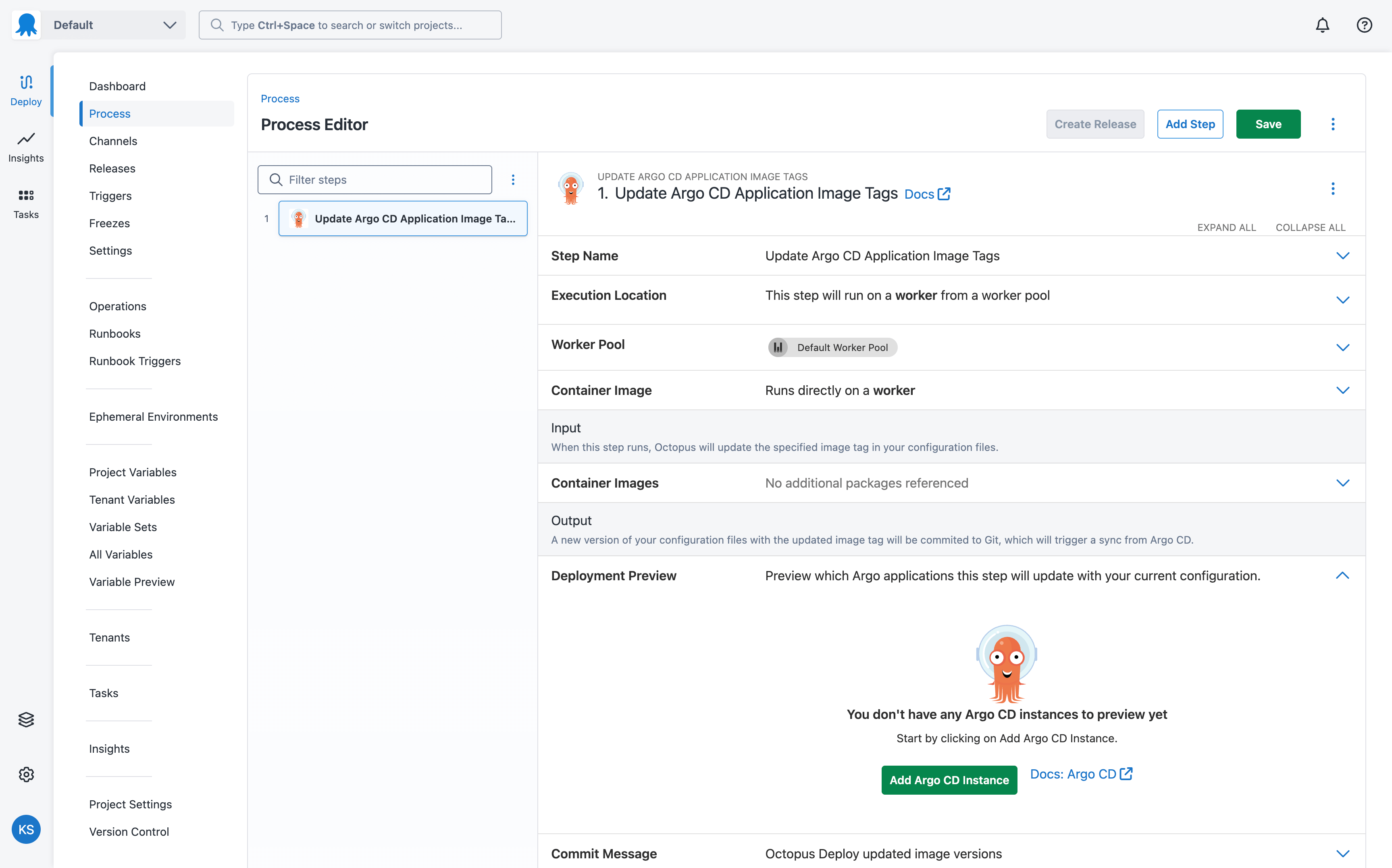 The user interface for the Update Argo CD application image tags step.