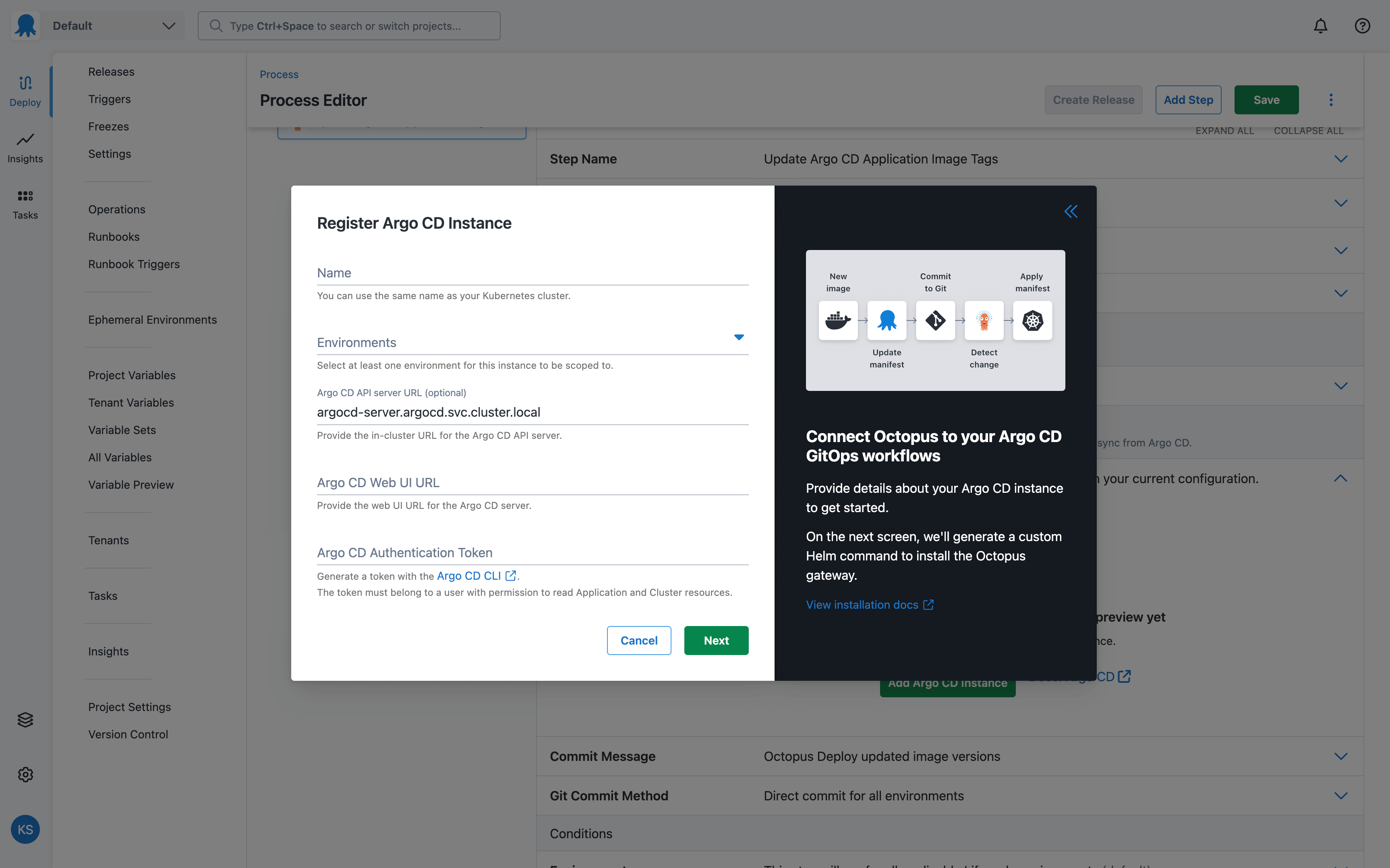 A dialog to register an Argo CD instance in Octopus Deploy.