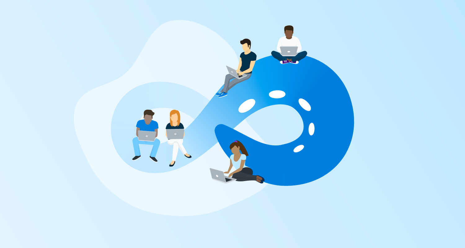 An Octopus arm in an infinity shape, supporting people collaborating