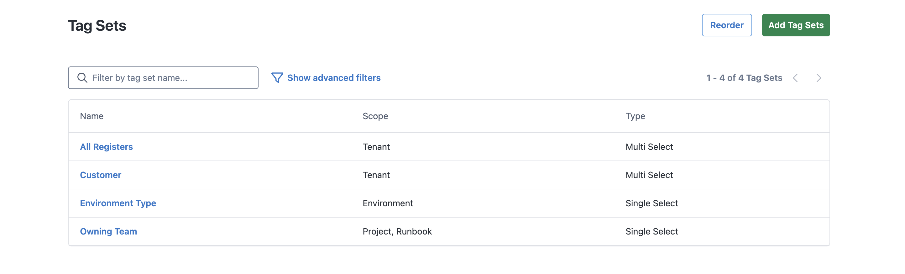 Screenshot showing list of tag sets