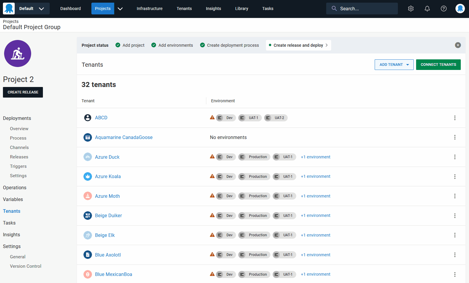 Creating a new tenant from the new tenants page in a project