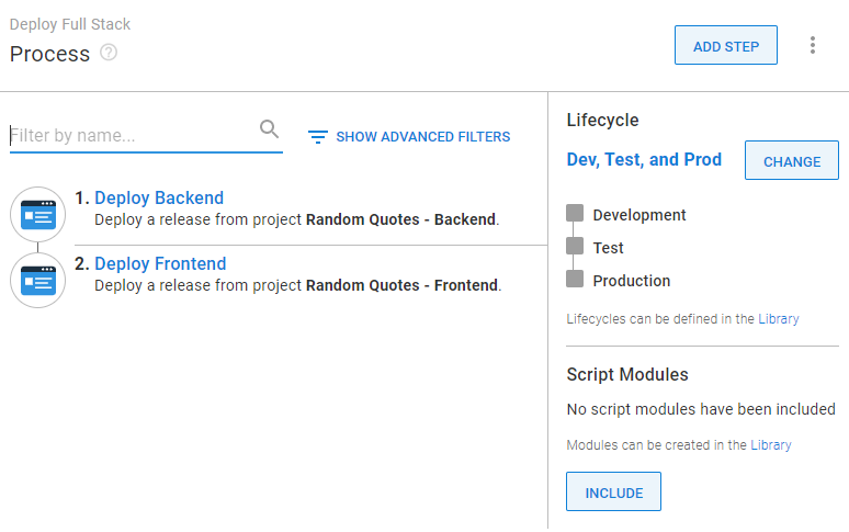 An example deployment process in Octopus