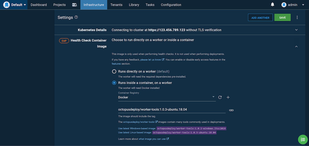Kubernetes health checks require kubectl, which is provided by the Worker tools image