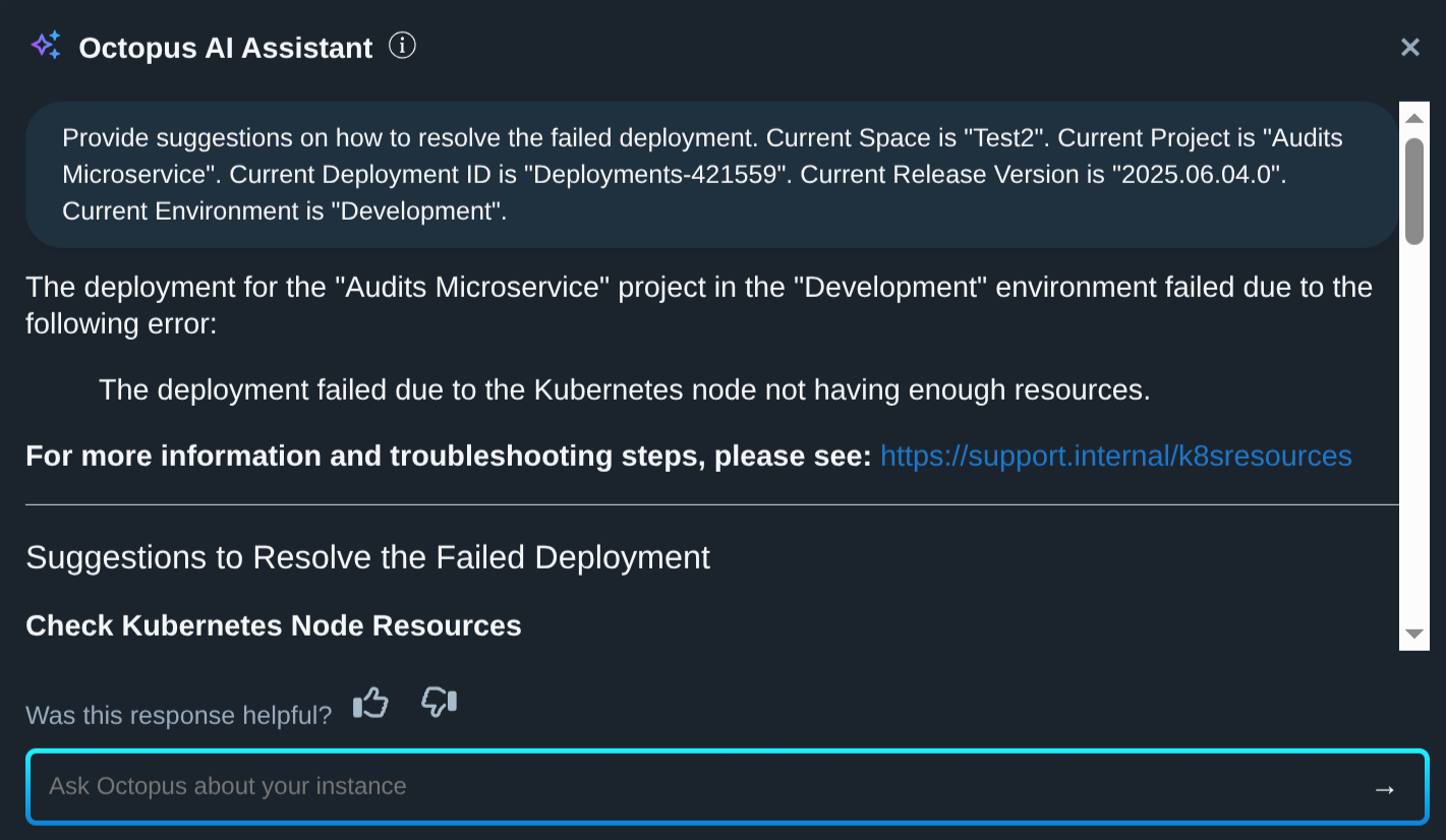 An example prompt showing a prompt to resolve a failed deployment