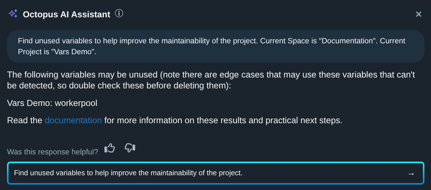 An example prompt showing a prompt to find unused variables