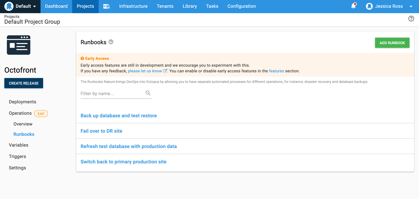Screenshot of the runbooks screen