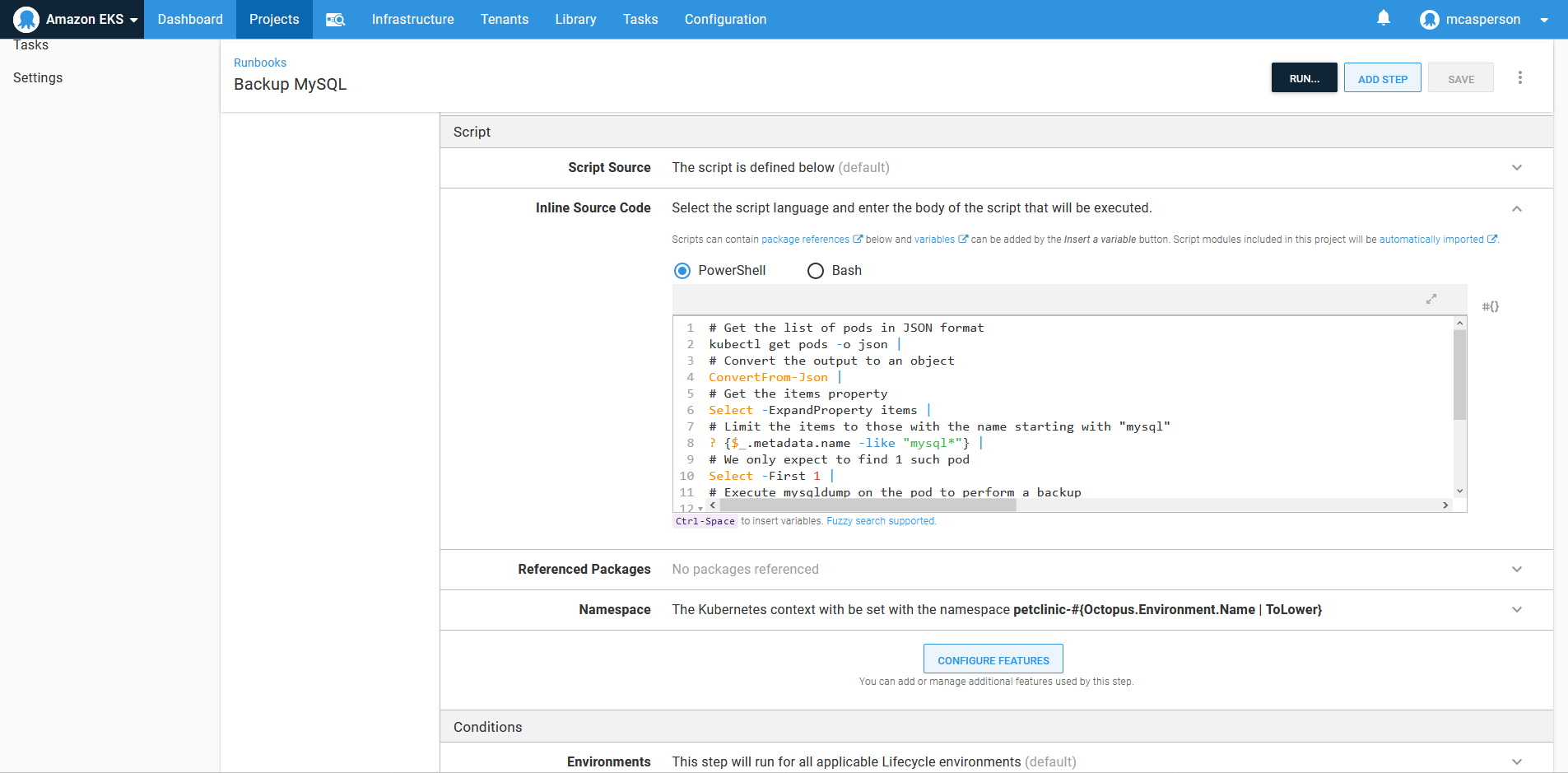 The kubectl script performing the database backup