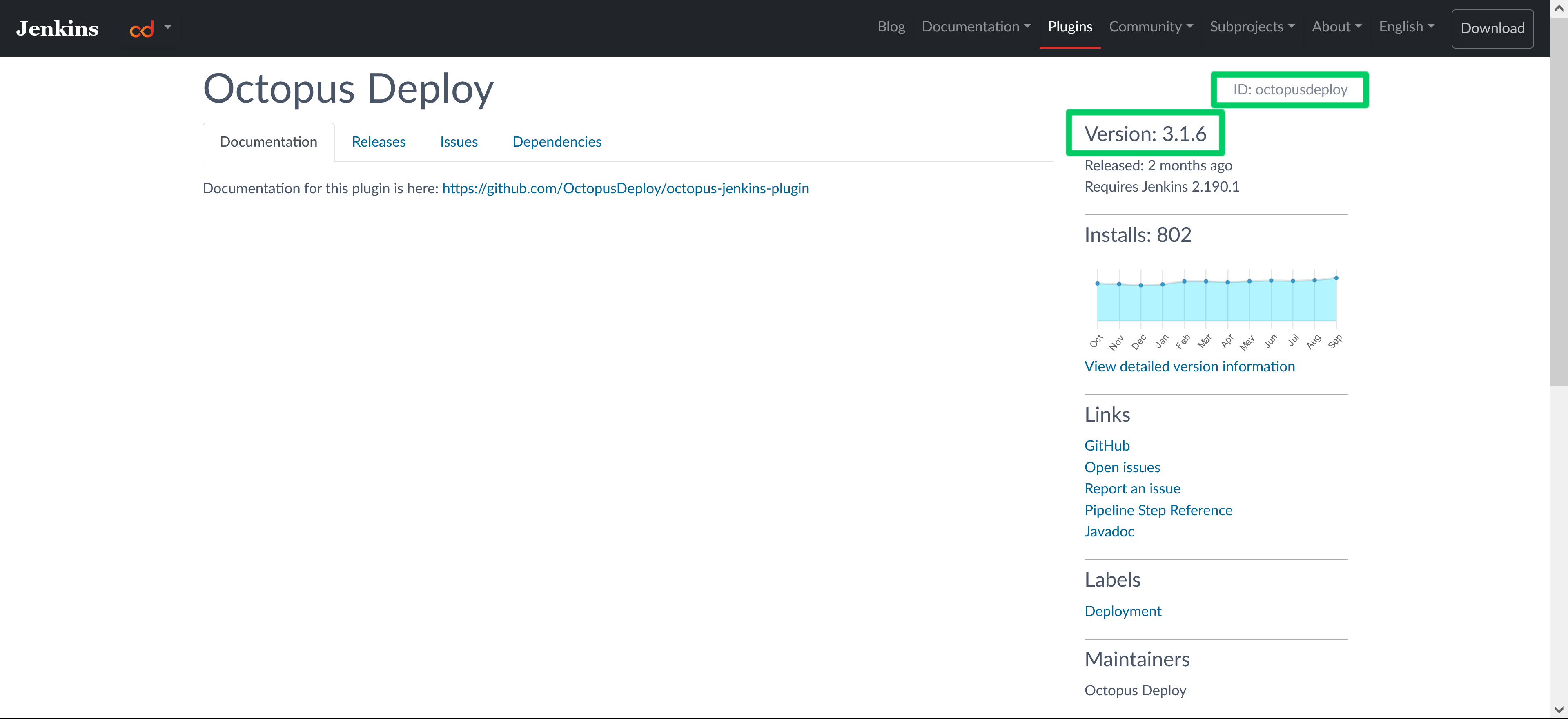 Jenkins Plugin Website showing the ID and version number