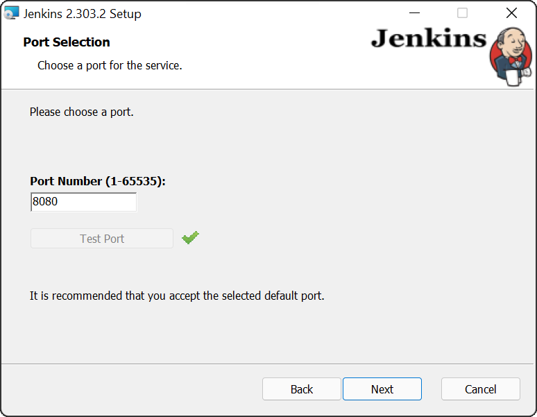 Jenkins Windows Installer showing Port Selection screen with Port Number 8080 entered in the Port Number field