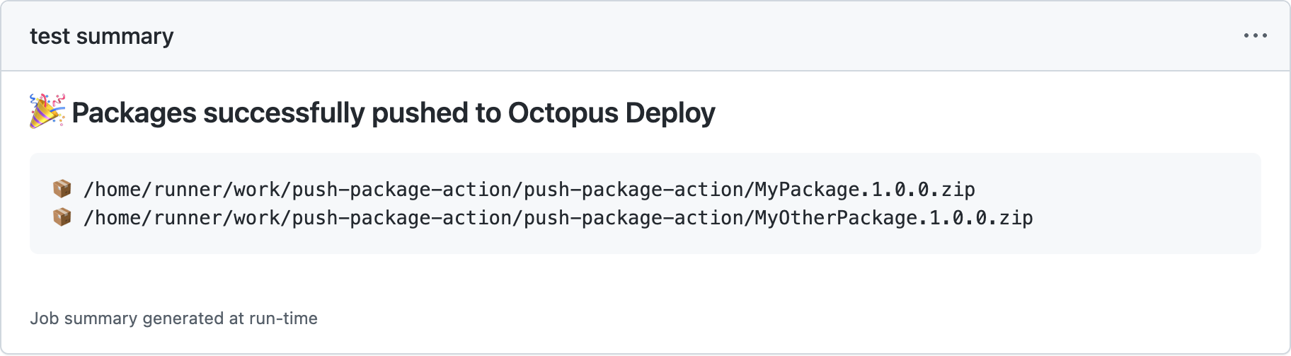 Screenshot of job summary for push package action
