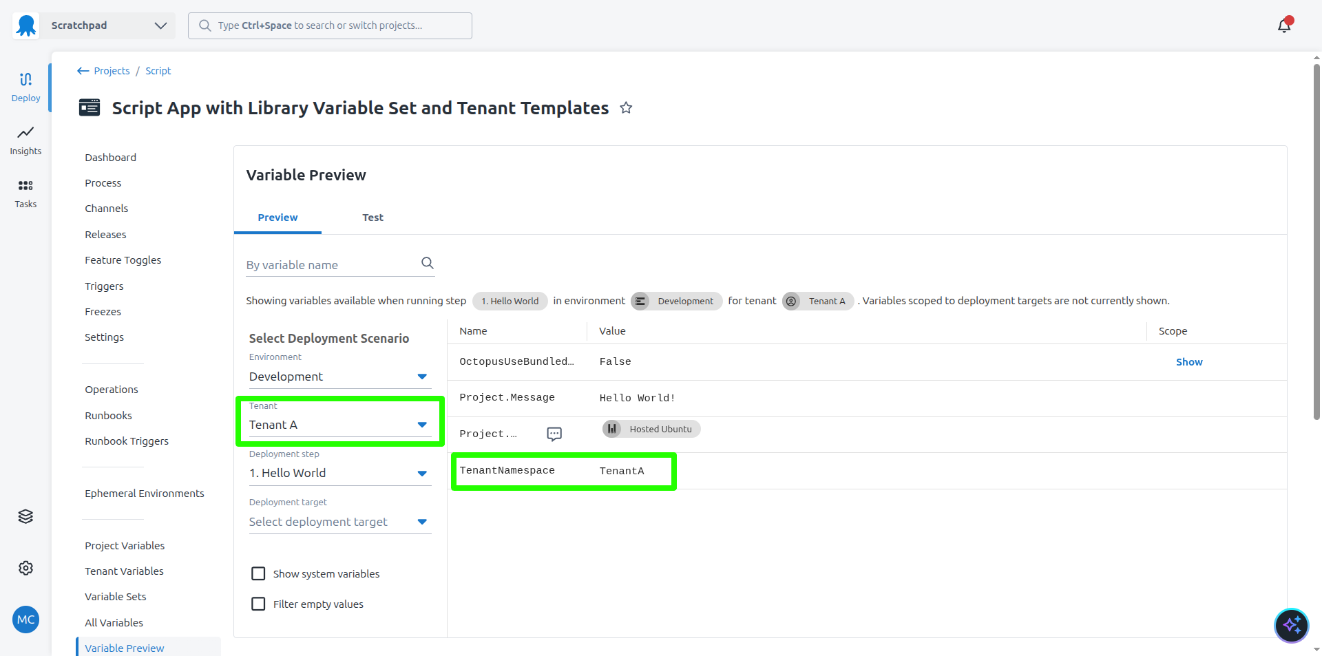 Library variable tenant template values