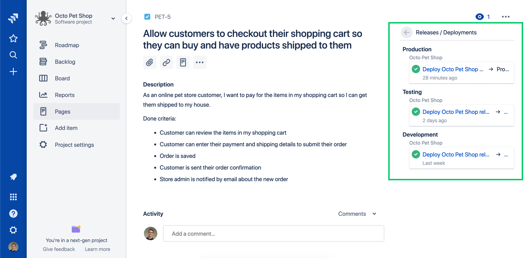 Jira issue with deployment details