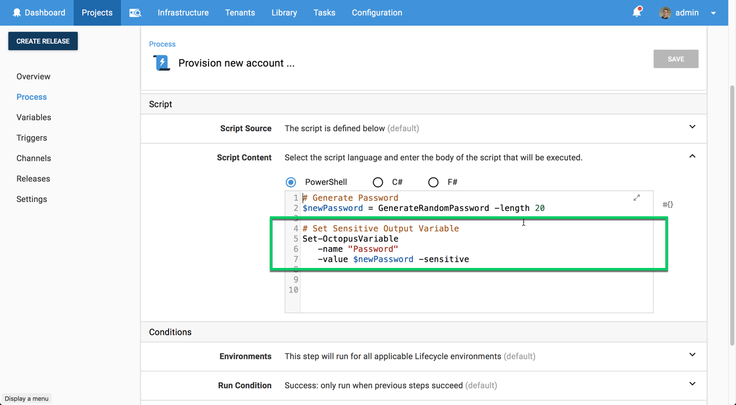 Octopus script setting a sensitive output variable