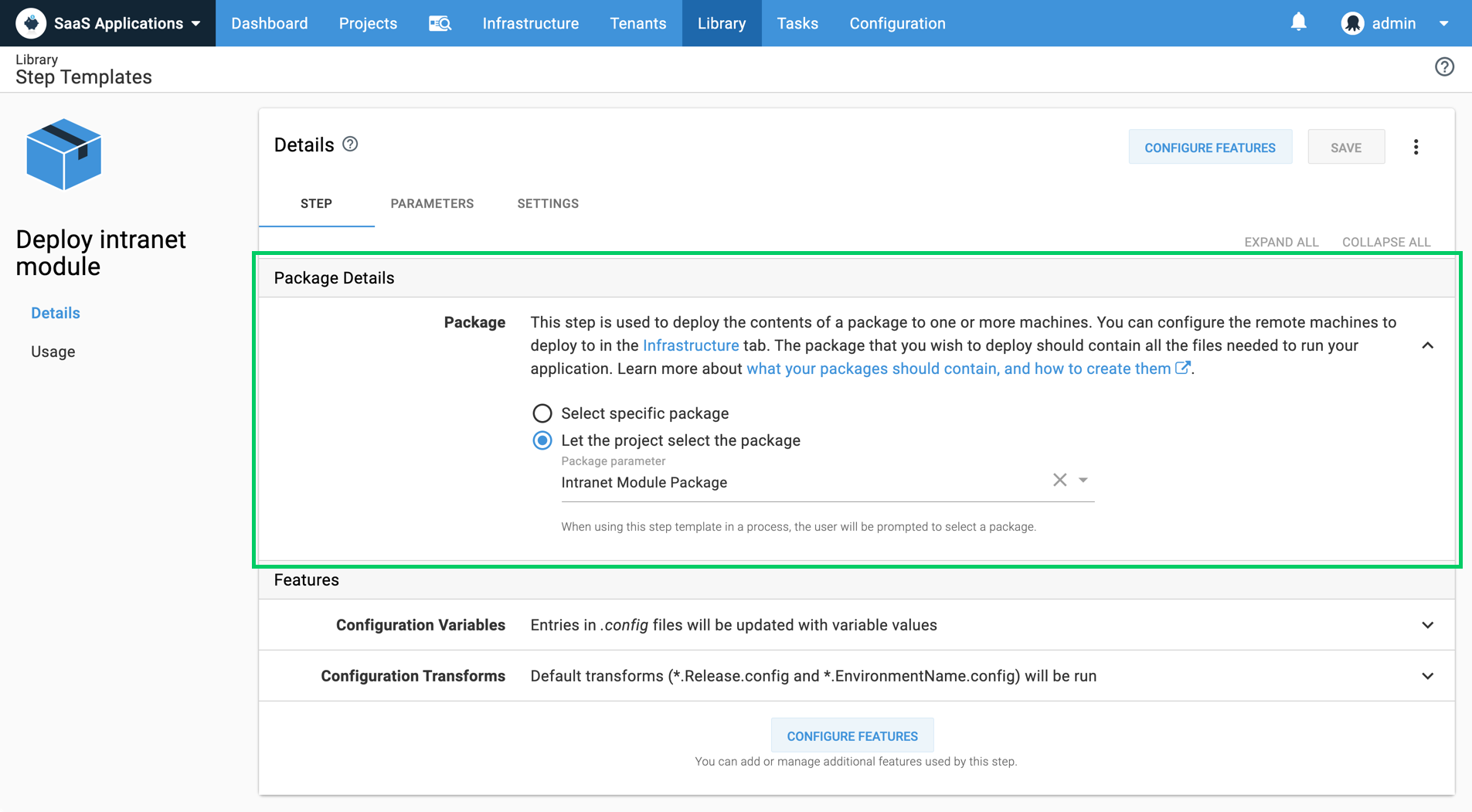 Custom step template example with a package parameter