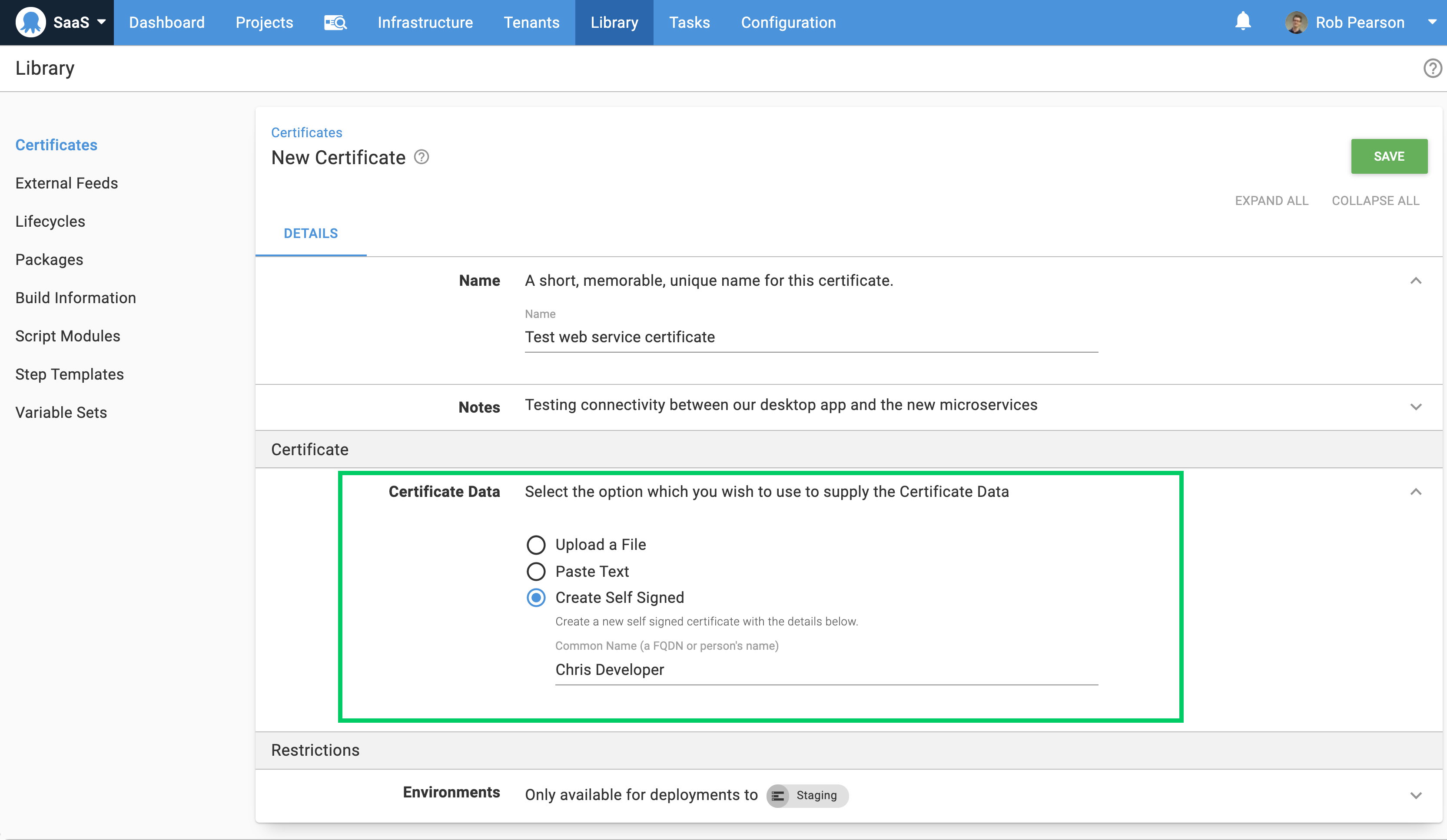 Create self-signed certificates in the certificate library 