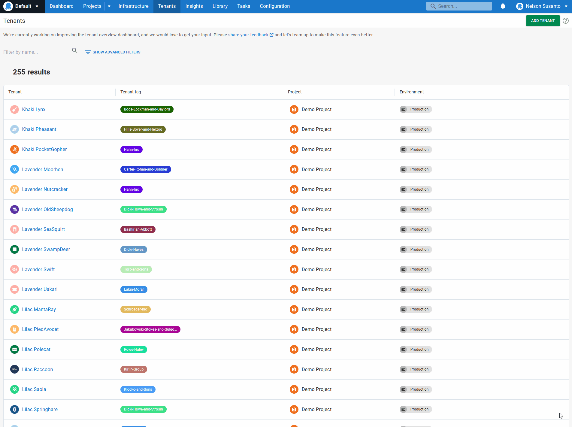 The name search in the new tenant overview dashboard