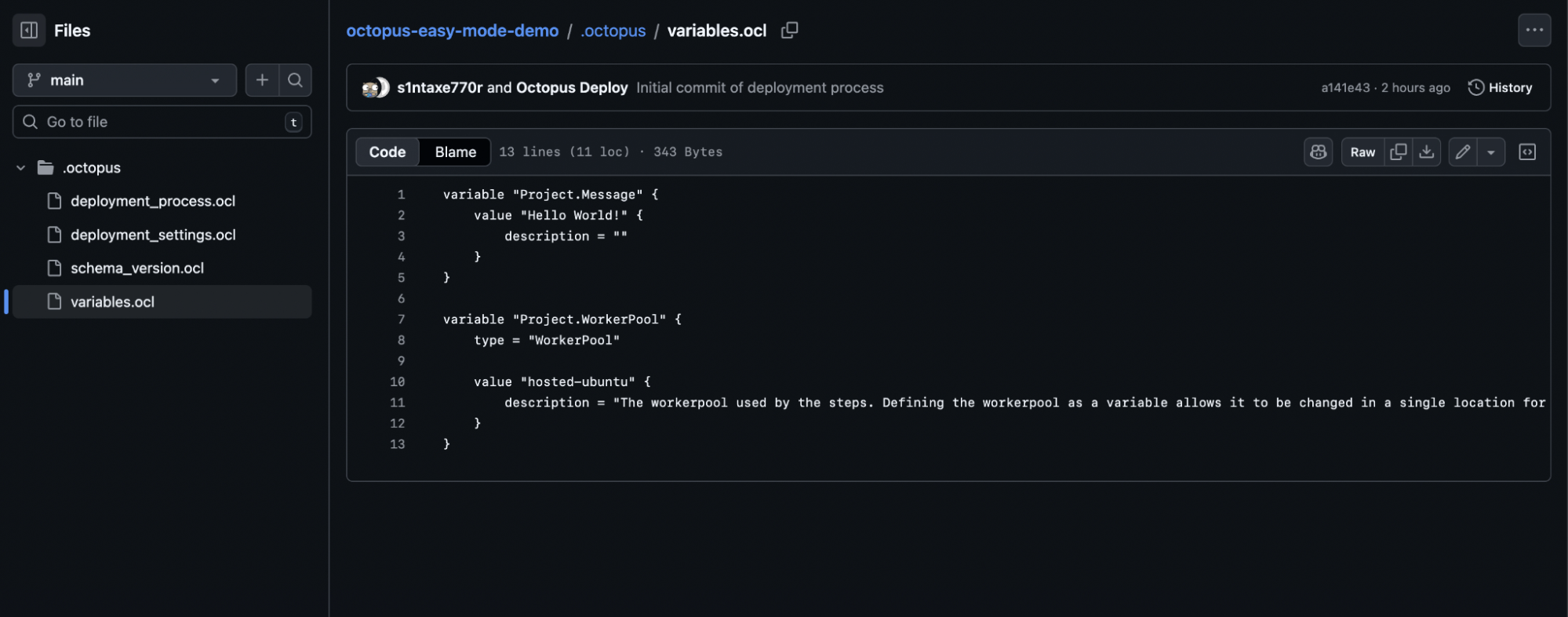 Visual image of the committed files