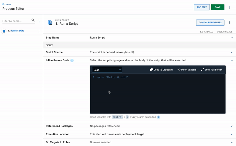 Gif shows the script editor expands when it is clicked, and placeholder "Hello World" syntax changes when a different coding language is selected.