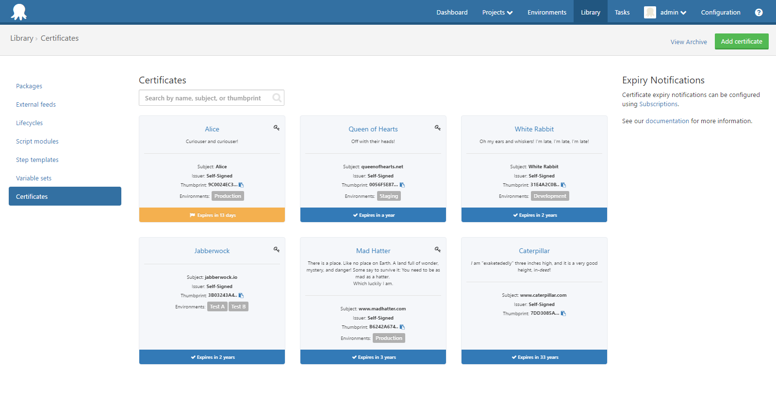 Certificates feature