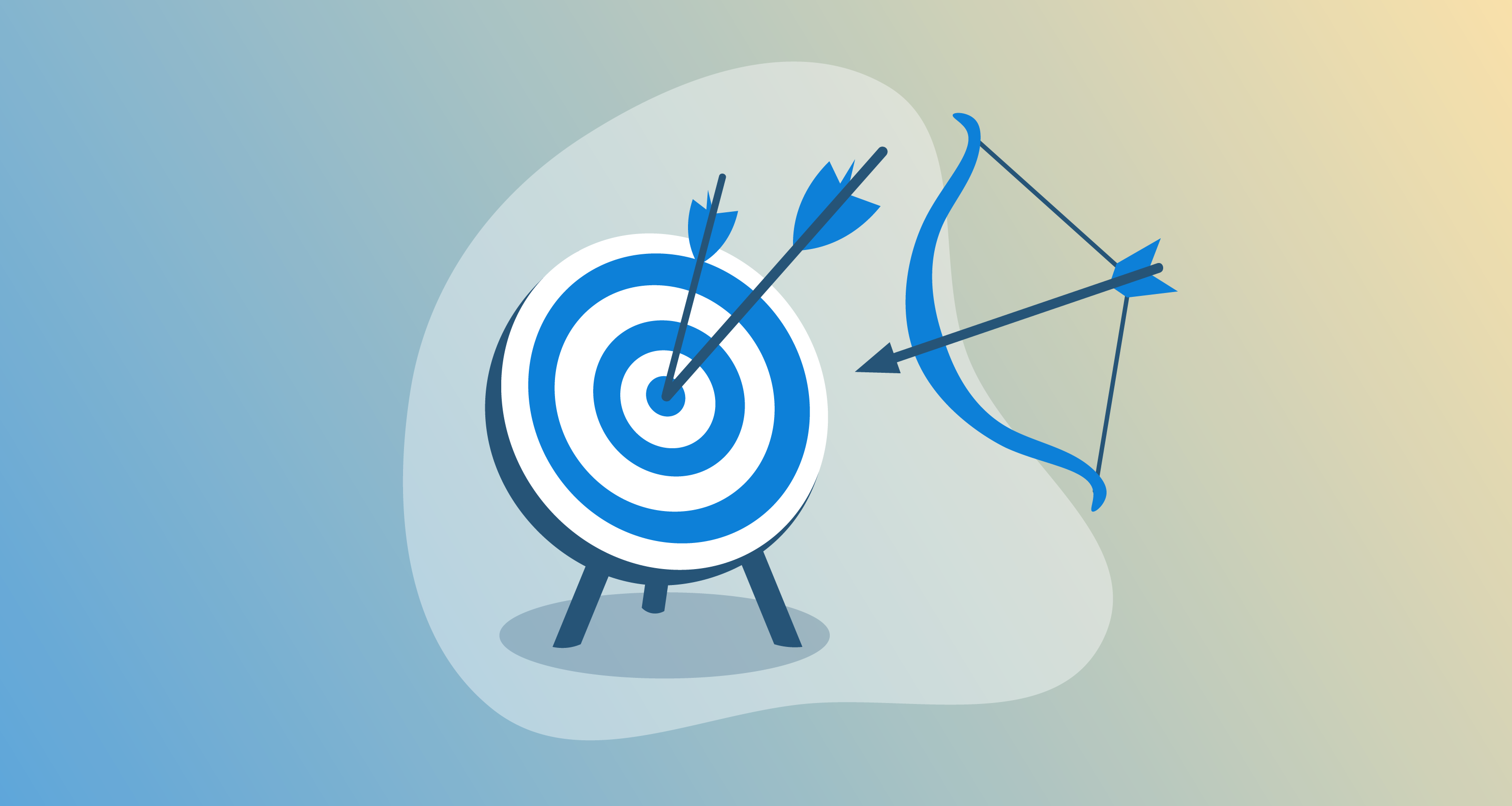 An archery target with arrows sticking out from the bullseye, with a bow preparing to send another shot.