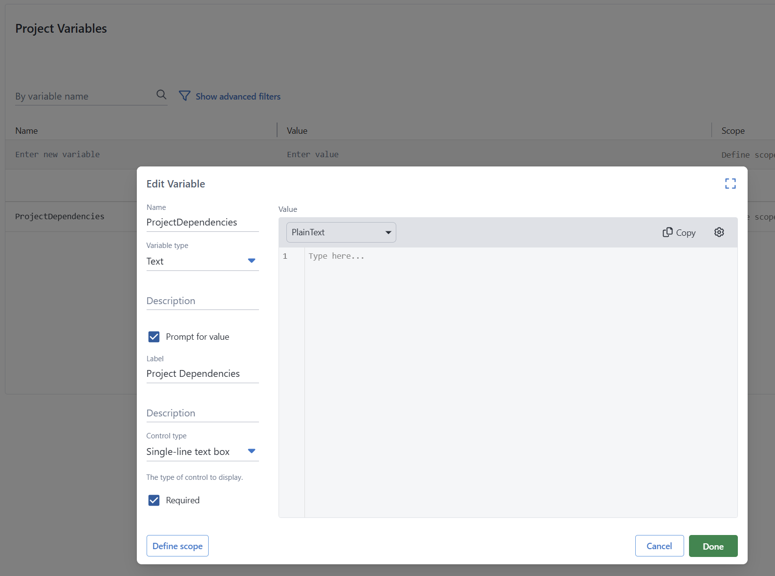 Project dependencies stored as a prompted variable