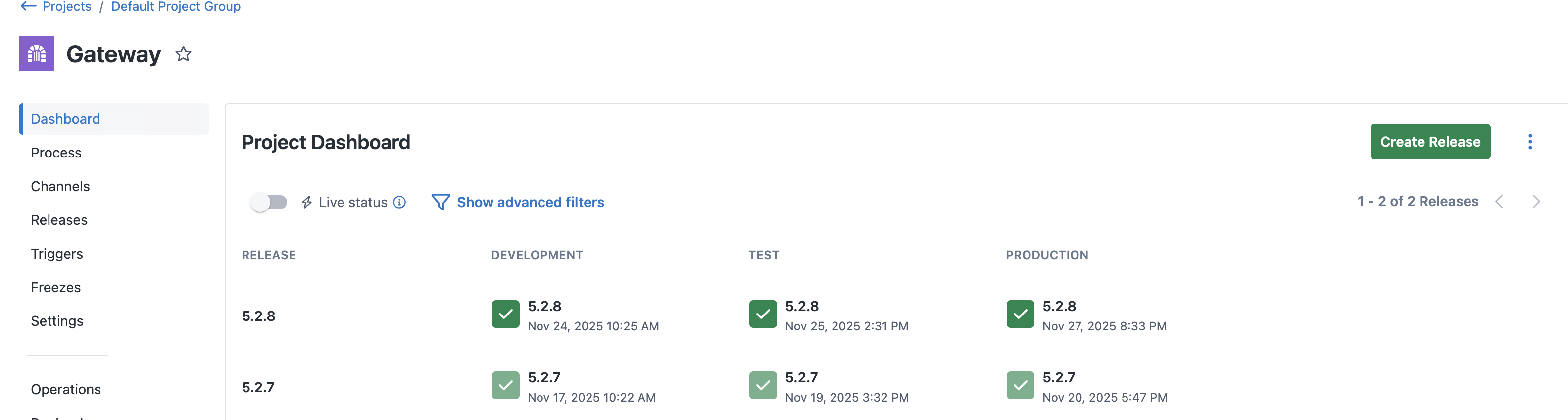 A screenshot of Octopus Deploy, showing the deployment history