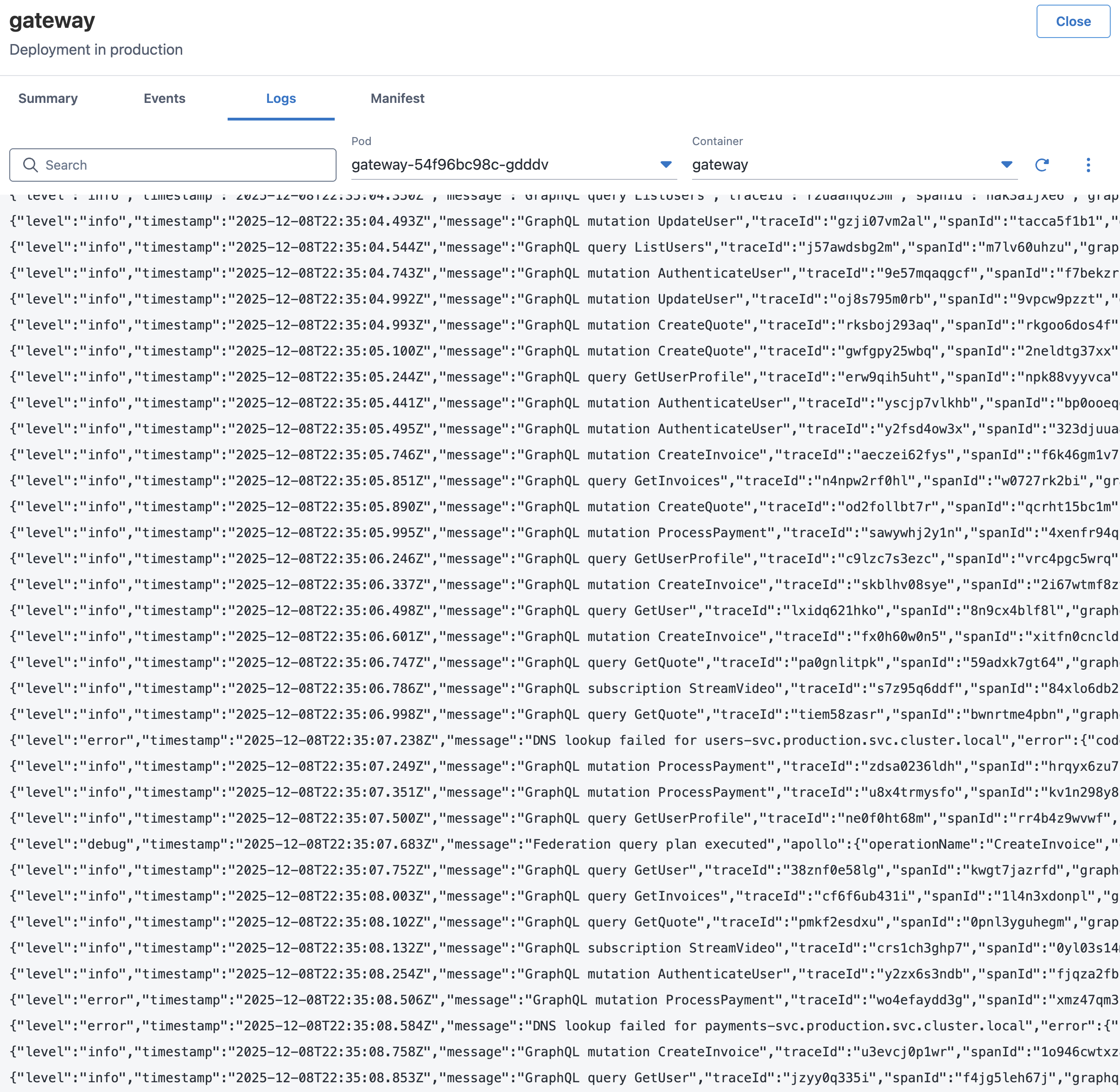 Live status, showing logs from the problematic pod