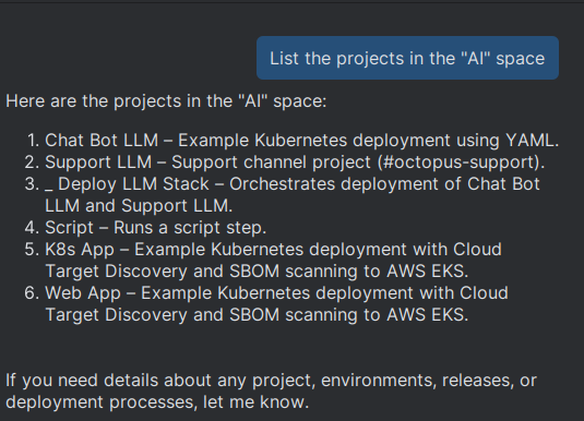 Copilot chat showing a list of projects in the "AI" space